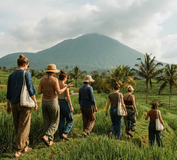 Groupe en marche dans les rizières de Sidemen à Bali