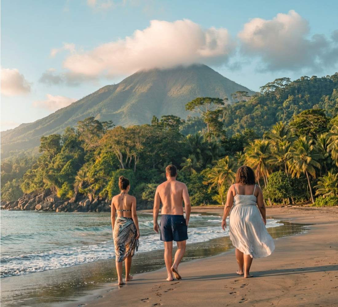 Des voyageurs se baladant sur la plage au pied d'un sublime volcan