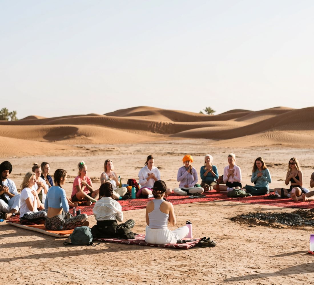 Groupe assis en cercle dans les dunes du Sahara marocain