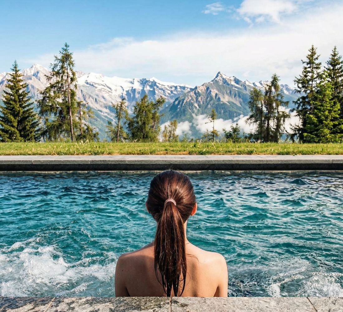 Une femme dans un psicine à remoue avec vue sur les Alpes Suisse