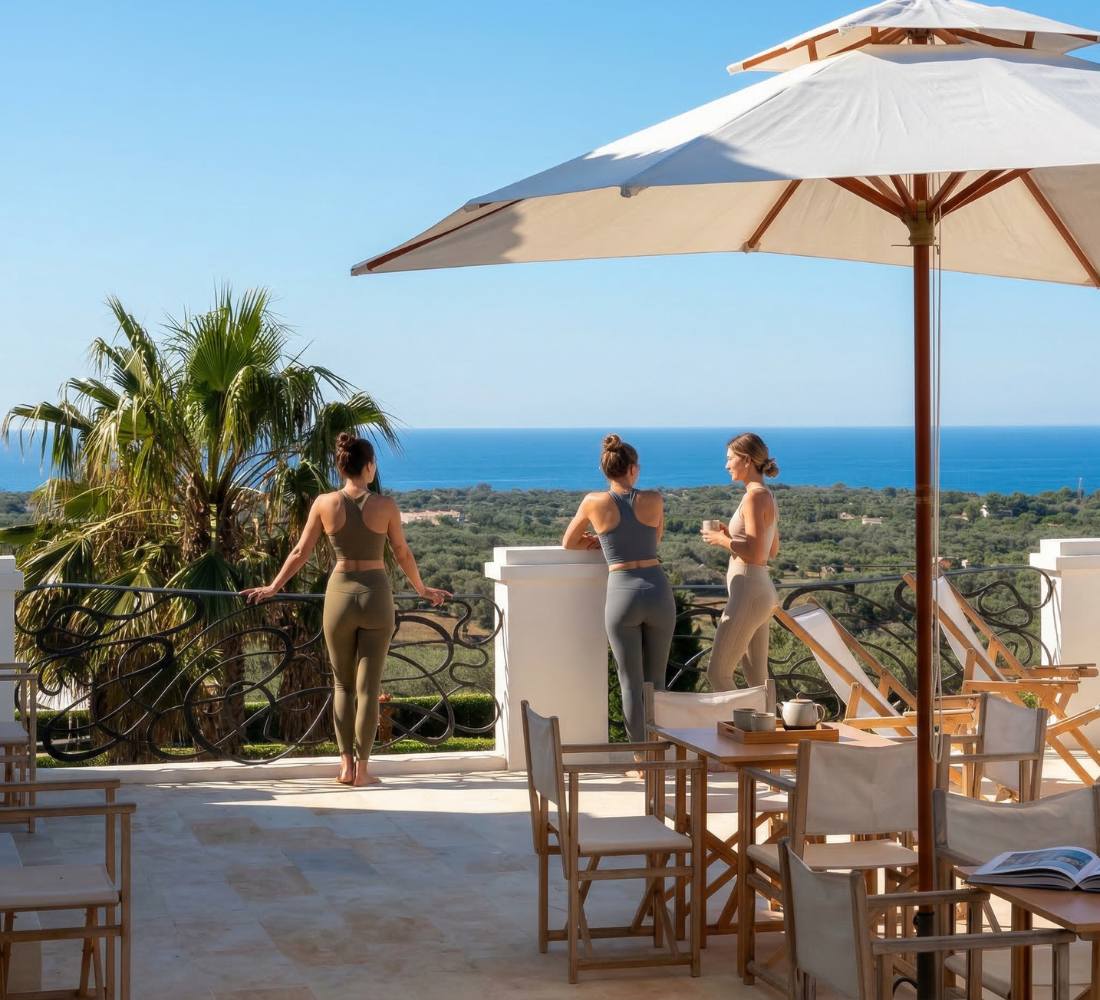 3 femme en tenue de yoga sur une terrasse avec vue sur la mer