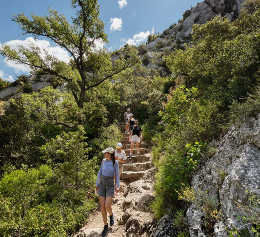 personnes en train de descendre des marches en randonnée dans les montagnes